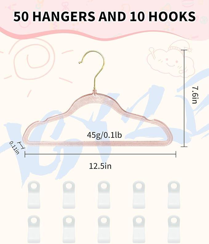 HGYZE Kids Hangers, Plastic Baby Clothes Hanger 50pcs Toddler Hangers, Clear-Pink Sparkling Hangar with Gold Glitter for Girl Nursery Children Coat Sweater, Small Hanger for Infant Newborn Closet