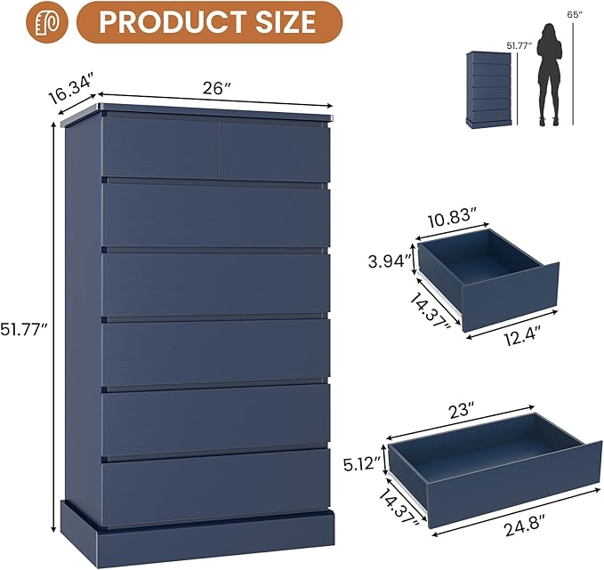 DICTAC Tall Dresser for Bedroom with 7 Drawers, 51.8" Tall Blue Dressers & Chests of Drawers, Modern Wood Closet Organizer and Storage Cabinet, Large Vertical Dresser for Bedroom, Closet, Hallway