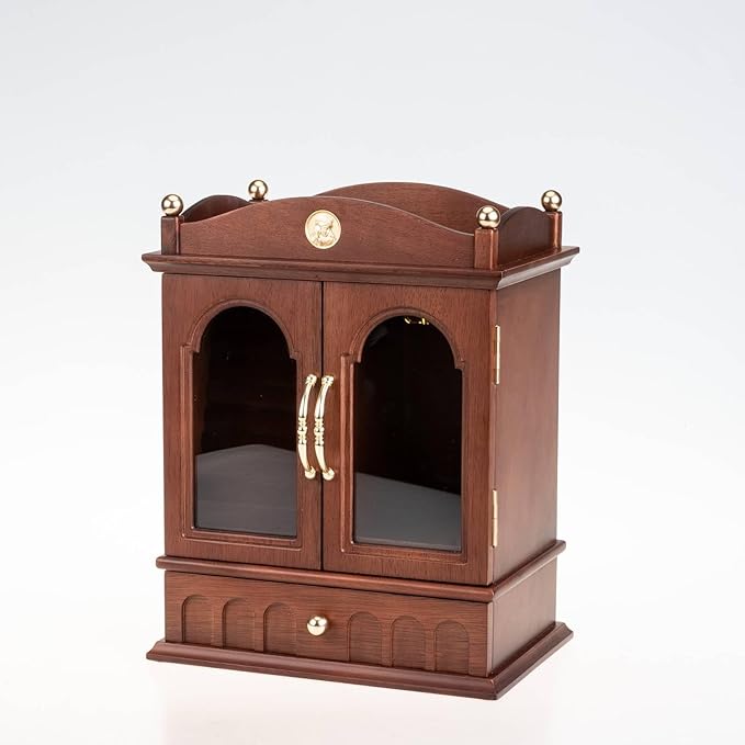Kinsuite Black Walnut Jewelry Box, Solid Wood Display Cabinet with Rotating Hook & Glass Doors, Vintage Organizer for Rings, Necklaces, Watches Gift for Her