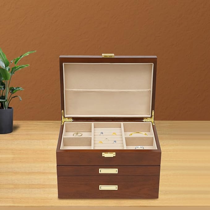 Wooden Jewelry Box for Women, 3 Layers Large Wooden Jewelry Organizer Box Watches Necklace Ring Storage Box for Women (Brown 3 Layer)