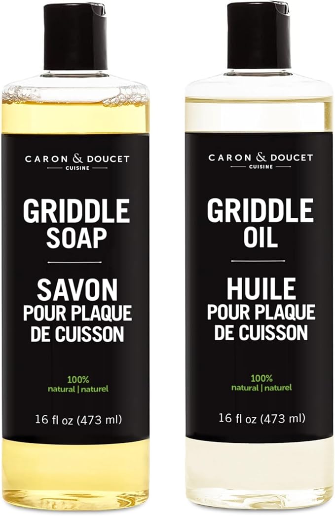 CARON & DOUCET - 100% Plant-Based Griddle Cleaning Set: Seasoning Oil & Soap for Washing, Restoring & Seasoning Griddles!