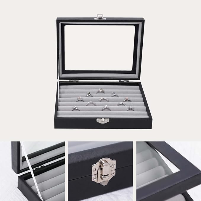 Stratalife Jewelry Display Case Leather Ring Box with Glass Top Ring Organizer for Women Compact Ring Holder Small Tray for Jewelry Storage Box with Lid Gray