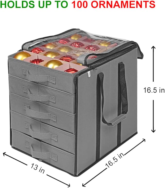 ProPik Christmas Ornament Storage Boxes with Dividers - 5 Separate Trays - Ornament Holder - Keeps 100 Holiday Ornaments - Durable Carrying Bag Handles Organizer Storage Box (Gray)