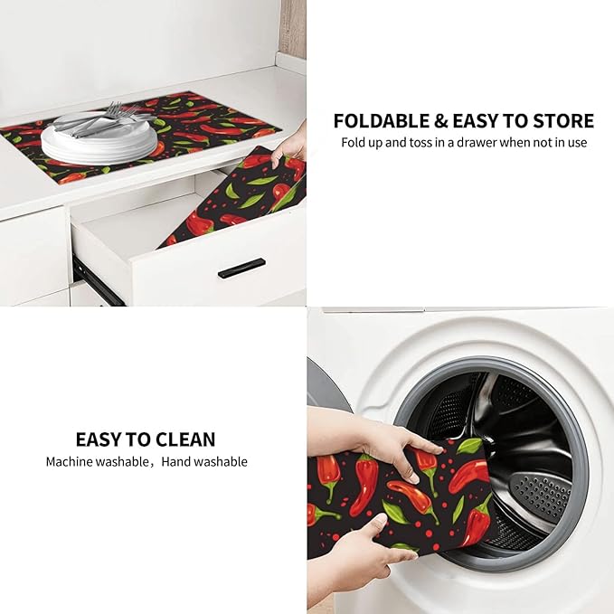 Red Chili Pepper Dish Drying Mat 18x24 For Kitchen Counter Absorbent Microfiber Dishes Pad Dish Drainer Rack Mats Fast Dry Kitchen Accessories