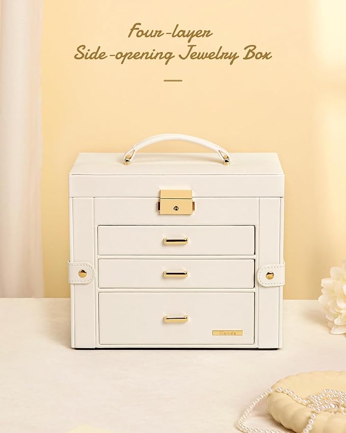 Homde 2 IN 1 Jewelry Box for Women Girls with Small Travel Case Mirror Necklace Ring Earrings Organizer(White + Gold)