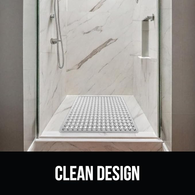 GORILLA GRIP Patented Square Shower Stall Mat, Small Bathtub Floor Mats for Stand Up Showers with Suction Cups and Drainage Holes, Machine Washable, Soft on Feet, Bathroom Accessories 21x21 Inch, Gray