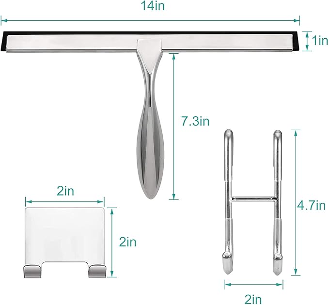 steauty Shower Squeegee for Glass Doors,14-Inch Shower Glass Squeegee, Sliver Shower Squeegee for Shower Doors,Mirror,Windows, with Shower Door Hook and Adhesive Hook