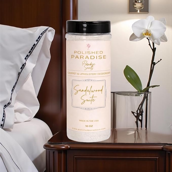 Polished Paradise Co Carpet and Upholstery Deodorizer, Resort Inspired Scent Powder for Rugs and Textiles, 16 Oz (Sandalwood Suite)