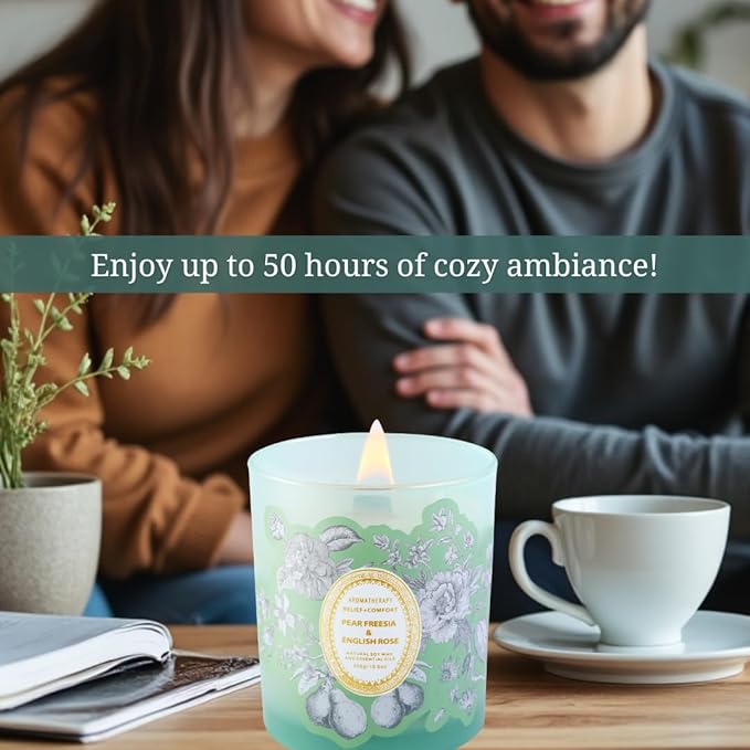Large Scented Candle 10oz | Fresh Pear Freesia & Rose Soy Candle | Decorative Green Jar Wood Wick Candle Long Lasting | Aromatherapy Gift for Women & Men