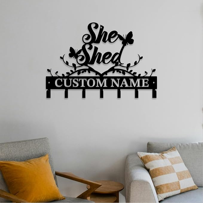 Personalized She Shed Metal Keys Hooks,Custom Name Metal She Shed Keys Hooks,Black Metal She Shed Wall Home Storage Decorative Keys Hooks,Key Holder Hooks for Wall (Style F)