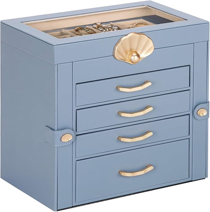 Jewelry Box with 4 Drawers: Display Organizer for Earrings Necklaces - Gifts for Girls Women (Grey Blue)