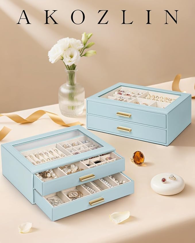 AKOZLIN Jewelry Box with Clear Lid Functional Leather Jewelry Storage Organizer Case 3 Drawers for Women Girls Necklace Ring Bracelet Earring
