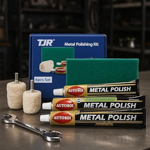 TJR® Polishing Kit – 3-Piece Polishing Paste with Abrasive Scuffing Pad, 2-Piece Polishing Mops – Metal Polish Compatible with Stainless Steel, Brass (Medium)