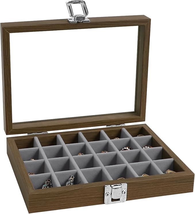 Wudygirl Small Jewelry Box Wooden Jewelry Organizer 24 Grid Ring Holder Earring Box with Lid Earring Holder Organizer for Women Jewelry Display Case Ring Storage for Drawer (Gray)