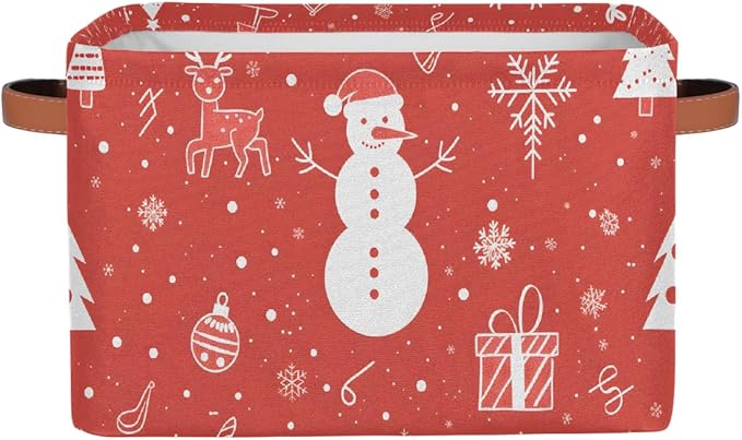 Storage Baskets Bin, Christmas Winter Snowman Collapsible Canvas Fabric Storage Bin Decorative Baskets Toy Organizer Rectangle Storage Boxes with Handles for Home Shelves Nursery, J-024