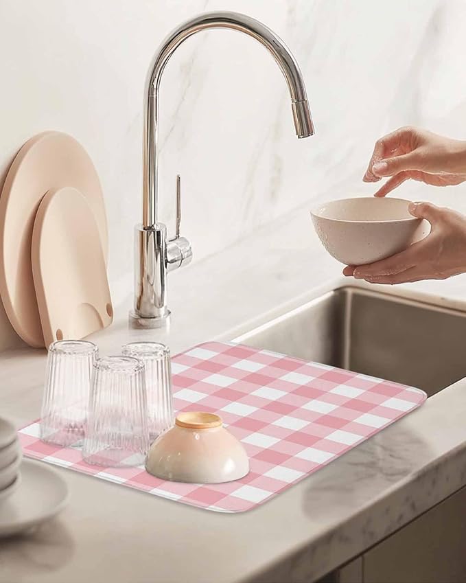 Pink Buffalo Plaid Dish Drying Mat for Kitchen Counter Valentine's Day Drying Pad Absorbent Drying Mats for Countertops Sinks Draining Racks Check Drainer Valentines Holiday Decorations 18x24 Inch