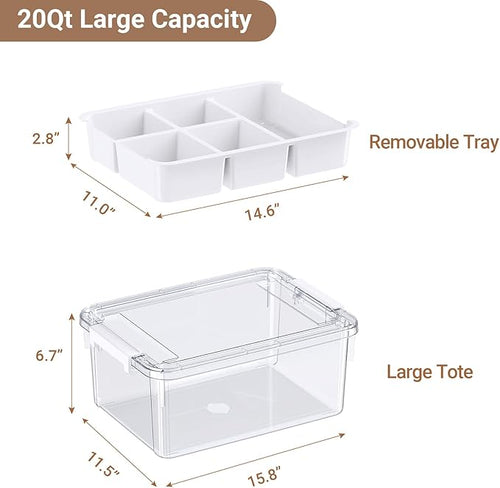 20Qt Plastic Storage Bin with Lid, Clear Latching Organizer Box with Removable Tray, Portable Storage Container, for Holiday Ornaments, Home Organization, 1Pack