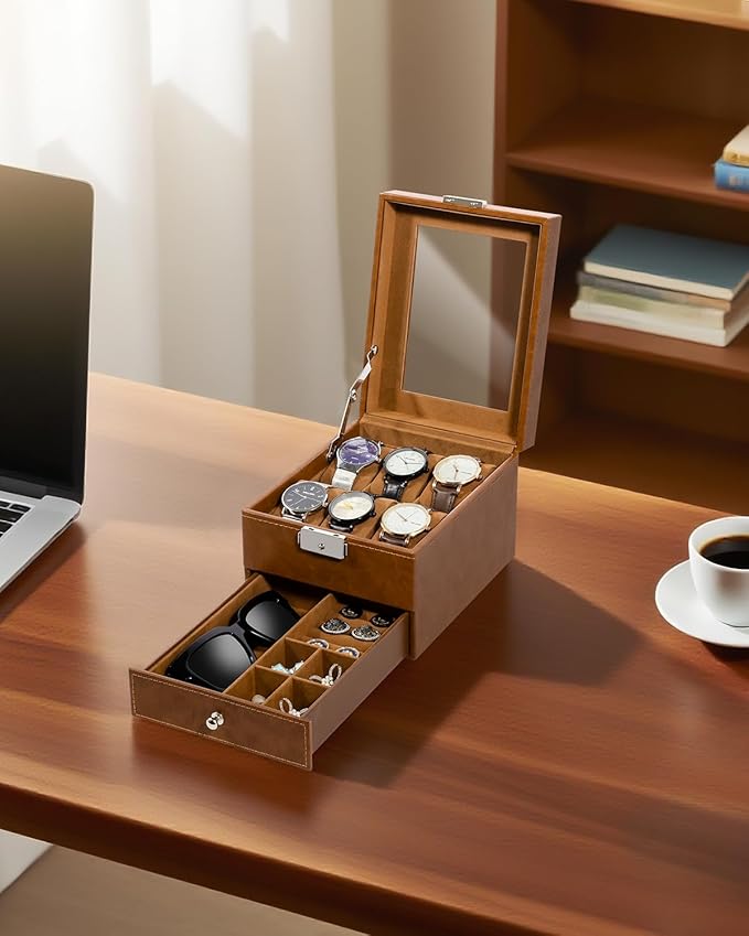 Uten 6-Slot Watch Box, 2-Layers PU Leather Watch Case with Glass Lid, Watch Holder Organizer with Soft Pillow and Velvet Lining, Watch and Jewelry Storage Box, Brown