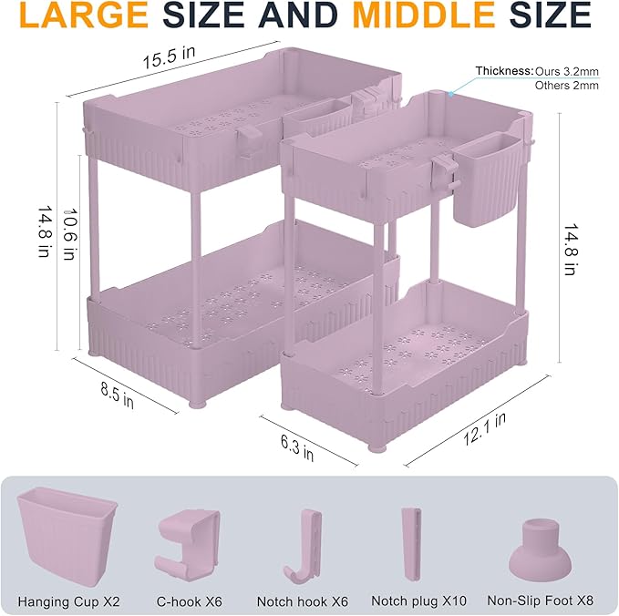 Sevenblue 2 Pack Under Sink Organizer, Under Bathroom Cabinet Organizer with Hooks Hanging Cup, Multi-Purpose Storage Shelf for Kitchen Bathroom (Pink, XL)