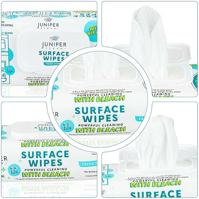 Juniper CLEAN 24 Pack Surface Cleaning Wipes with Bleach, All-Purpose Cleaner for Bathroom, Kitchen, Office, 1728 Count Soft Flow, Fresh Scent, Lint Free & Durable