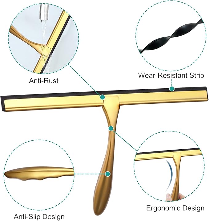 steauty Shower Squeegee for Glass Doors,10-Inch Shower Glass Squeegee, Gold Shower Squeegee for Shower Doors,Mirror,Windows, with Shower Door Hook and Adhesive Hook
