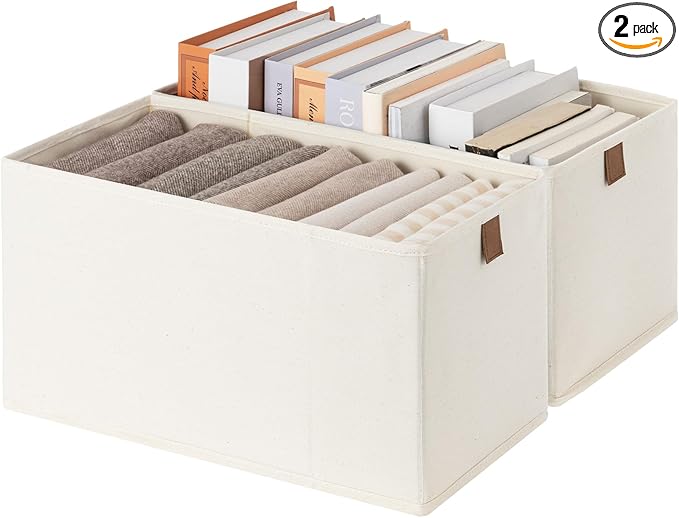 StorageWorks Narrow Storage Baskets for Shelves, Small Storage Bins, Fabric Storage Bins with PU Handle, Ideal for Clothes, Underwear, and Diapers, Beige, 2-Pack