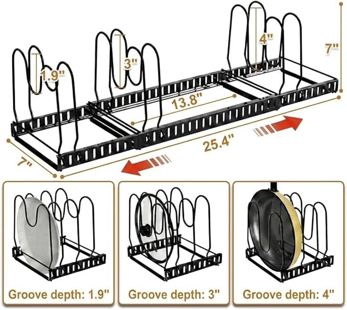 Besda Pot and Pan Organizer Rack for Cabinet, Expandable Pot Lid Organizer Holder with 12 Adjustable Compartment for Kitchen Cutting Board, Pan Lid, Cabinet Cookware Baking