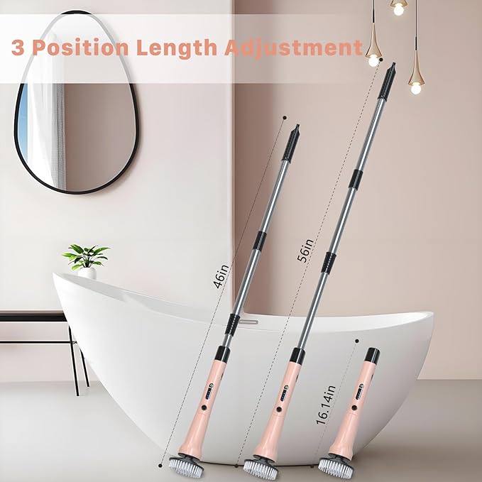 Electric Spin Scrubber, Hillyfe Bathroom Scrubber Electric with 7 Replaceable Brush Heads, IPX7 Waterproof,300/400 RPM, 3 Adjustable Length,Scrubber Brush Electric for Bathtub Floor,Pink