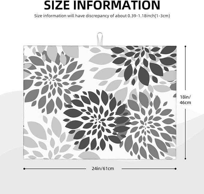 Black White Dahlia Dish Drying Mat for Kitchen Counter Decor Grey Geometric Dish Drying Rack Pad Super Absorbent Reversible Microfiber for Dishes, Utensils, Countertops, Sinks, Coffee 18x24 Inch