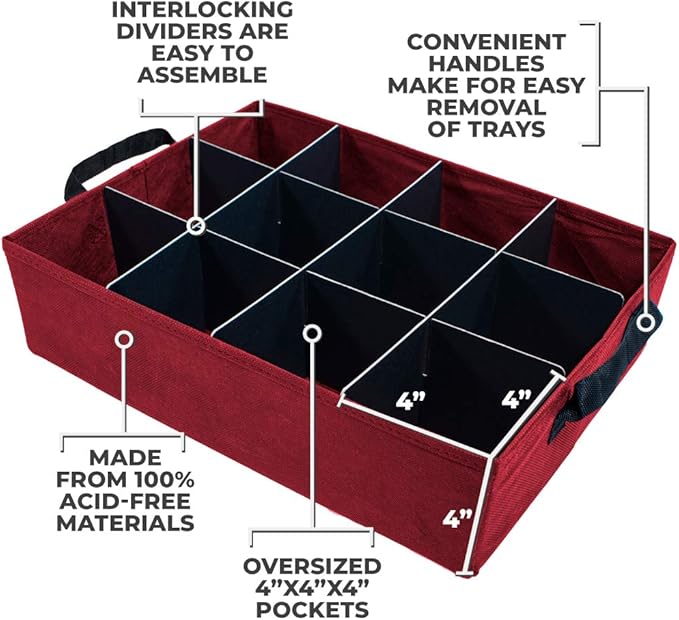 612 Vermont Christmas Ornament Storage Box with Adjustable Acid-Free Dividers, 3 Removable Trays with Handles, 17 Inch x 13 Inch x 13 Inch, Holds 36-4 Inch Ornaments