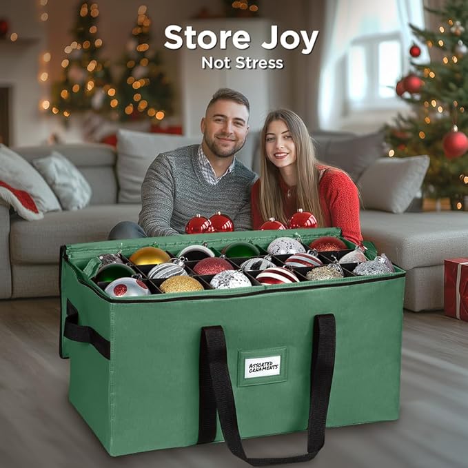 Christmas Ornament Storage Container,Box Stores Up to 54-4", Adjustable Dividers, Large Organizer Bin to Protect and Store Holiday Décor - Green