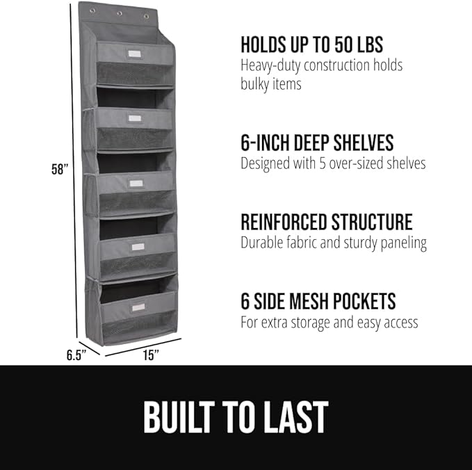 GORILLA GRIP Large Capacity Closet Organizer, 5 Deep Shelves, Holds 50lbs, Over The Door Organizers 6 Mesh Pockets, Shelf Storage for Clothes Crafts Dorm Essentials, 3 Metal Hooks, 58x15 Inches, Gray