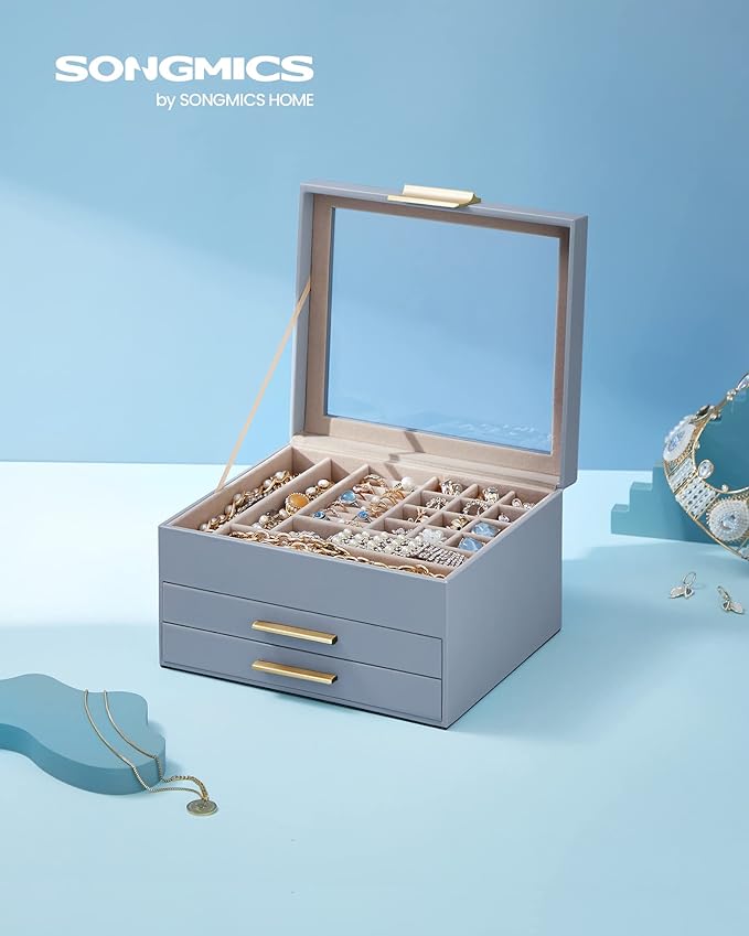 SONGMICS Jewelry Box Organizer with Glass Lid, 3-Layer Jewelry Storage, with 2 Drawers, Modern Style, 8 x 9.1 x 5.3 Inches, Smoky Blue and Gold Color UJBC239Q01