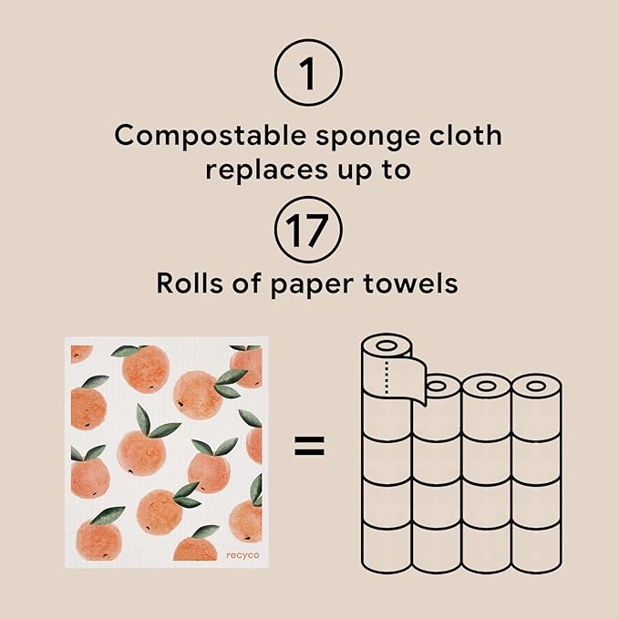 RECYCO Swedish Dishcloths for Kitchen | 5 Pack Peachy Leaves Washable Dish Rags | Cellulose Reusable Cleaning Paper Towels | Absorbent Counter Dish Cloth Sponge Kitchen Wipes, 8" L x 7" W