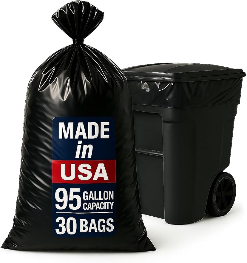 95–96 Gallon Heavy Duty Trash Bags – 30 Count Large Black Garbage Bags for Outdoor Bins, Contractor, Lawn, and Commercial Use – 2.5 Mil Thick Can Liners, 61" x 68"