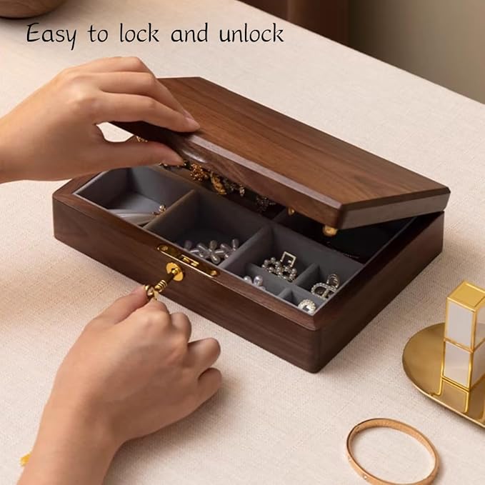 Bescott 1 Layer Solid Black Walnut Wooden Jewelry Box for Women with Lock and Key Wood Vintage Organizer for Men Earrings Rings Necklaces Bracelet Storage Mother's Day Gift