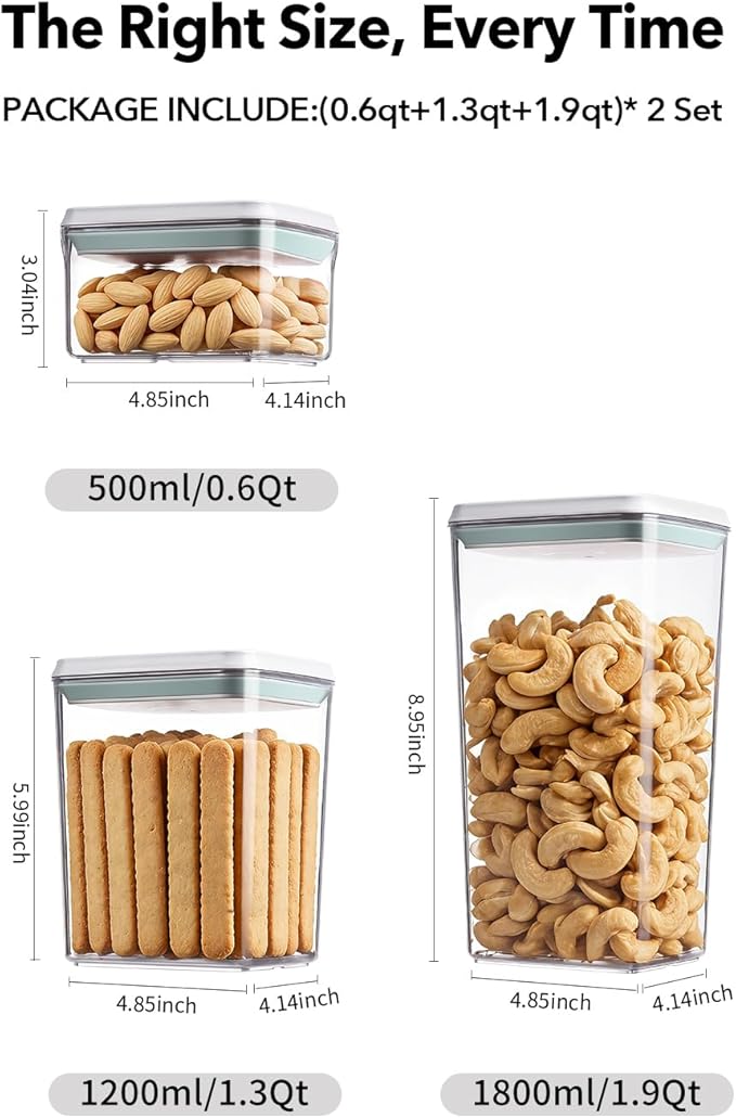EQI Airtight Food Storage Containers Set with One-Touch Lid, 6-Piece Multi-Size Set (0.6, 1.3, 1.9Qt)*2 Stackable Durable PET for Flour, Cereal, Snacks & Complete Pantry Organization