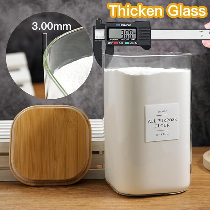 HHMJSM Large glass flour and sugar containers with 132 Kitchen Pantry Labels - 1 Gallon Glass Food Storage Containers with Airtight Lids - Square Glass Jars Rice with Bamboo Lids