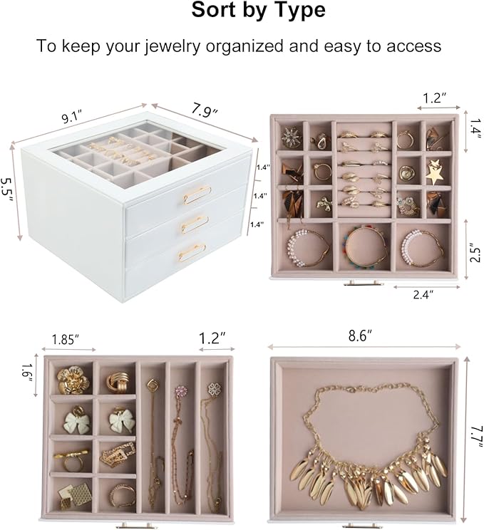 Jewelry Box Organizer with Glass Lids 3 Layer Jewelry Storage Case PU leather Jewelry Boxes for Woomen Suitable for Storing Rings Necklaces Earrings, Bracelets Gift Box for Girls