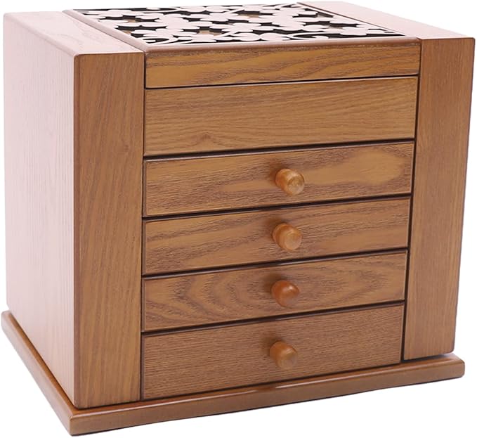 Large Wooden Jewelry Box 5 Layers Jewelry Storage with Mirror and 4 Drawers Gift for Women and Girls Necklace Ring Storage Box (Brown+Carving)