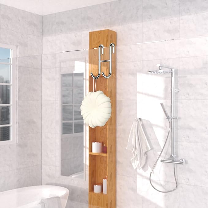 Over Shower Glass Door Hooks, 2 Pack Silver 304 Stainless Steel Shower Door Hooks, Bathroom Frameless Drilling-Free Hanger, Towel Hooks, for Bathing Suits, Robe, Towel, Squeegee, Loofah, Shaver