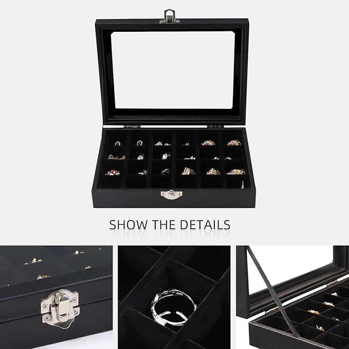 Wudygirl Jewelry Organizer Small Jewelry Box Jewelry Tray with Lid Velvet Earring Organizer Jewelry Earrings Holder Ring Display Storage Ring Box for Women 24 Grid (Black)