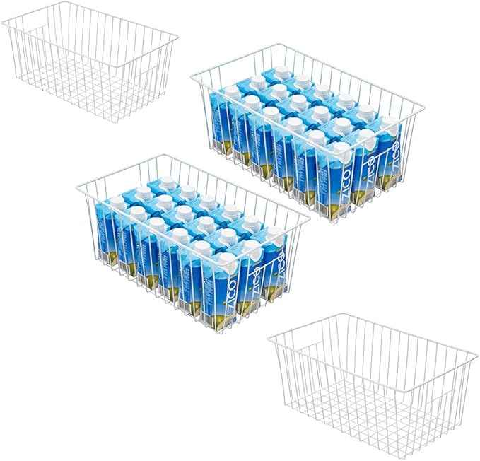 Nprohuge Upright Freezer Organizer Bins， Freezer Baskets for 16, 17, 21 cu.ft Standup Freezer, Wire Storage Baskets with Built-in Handles, 4Pcs , White