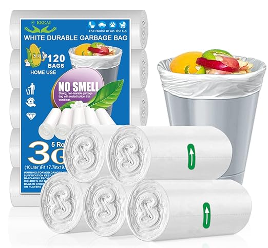 OKKEAI 3 Gallon Small Trash Bags 120 Counts White Garbage Bags Small Bathroom Trash Can Bags 10L Wastebasket Liners for Home Office Kitchen,White fit 10L -15 Can