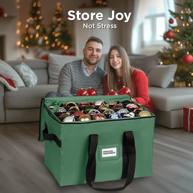 Christmas Ornament Storage Container,Box Stores Up to 96-3 inch ornaments, Adjustable Dividers, Large Organizer Bin to Protect and Store Holiday Décor - Green