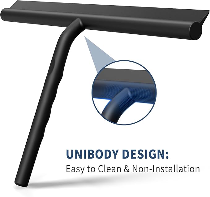 ecooe Silicone Shower Squeegee with Hanger, 11″/28cm Shower Squeegee for Glass Doors, Black Window Squeegee Scraper with Stainless Steel Core for Home Bathroom Kitchen Car Glass Doors