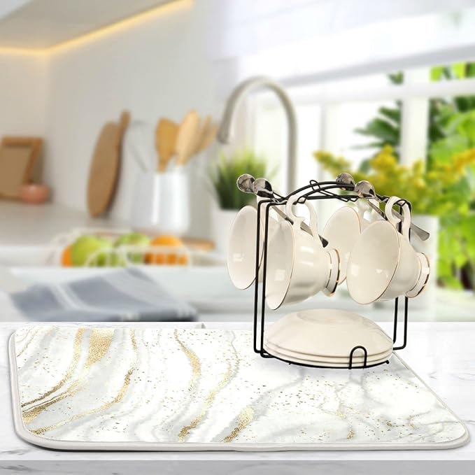 Marble Dish Drying Mat for Kitchen Counter White Golden Marble Gary Grey Drying Mats Super Absorbent Reversible Microfiber Kitchen Countertop Protector Dishes Pad Large 18x24 inch