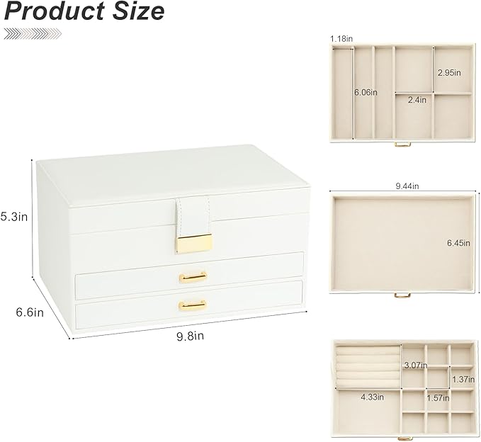Jewelry Organizer Box for Women Girls, 3-Layer Jewelry Case with 2 Drawers Jewelry Storage Box for Ring Earrings Bracelets Necklaces(White)