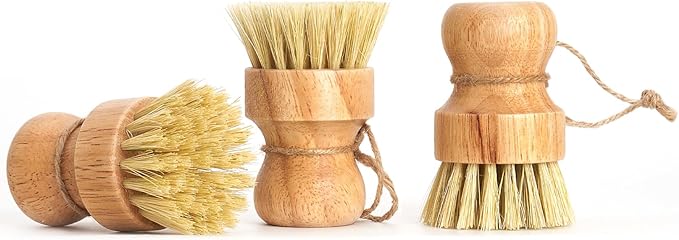 Diahom Bamboo Dish Brush Scrubber 3 Pack for Cleaning Pot Pans Hanging Rope Kitchen Dishwashing