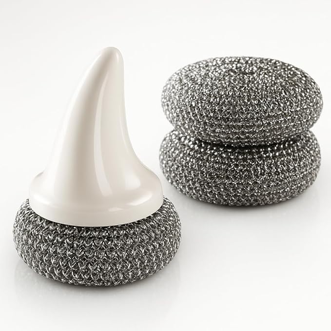 JESFORMYA Steel Wool Scrubber with Handle, 3 Refill Pads – Heavy Duty Cleaner for Dishes, Cast Iron, Pots, Pans & Grills (White)